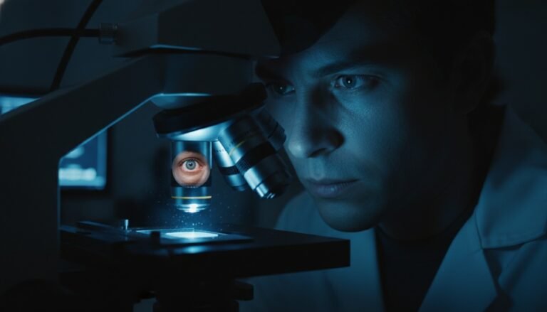 Científico observando un microscopio donde se refleja su propia expectativa en lugar de la muestra objetiva.