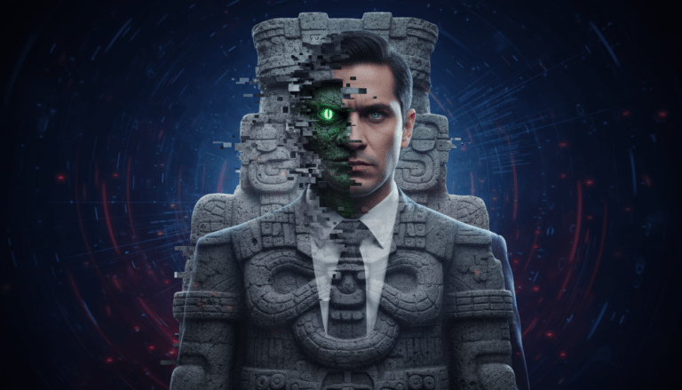 Fusión artística entre la deidad azteca Cihuacóatl y la representación moderna de un reptiliano infiltrado en la sociedad.