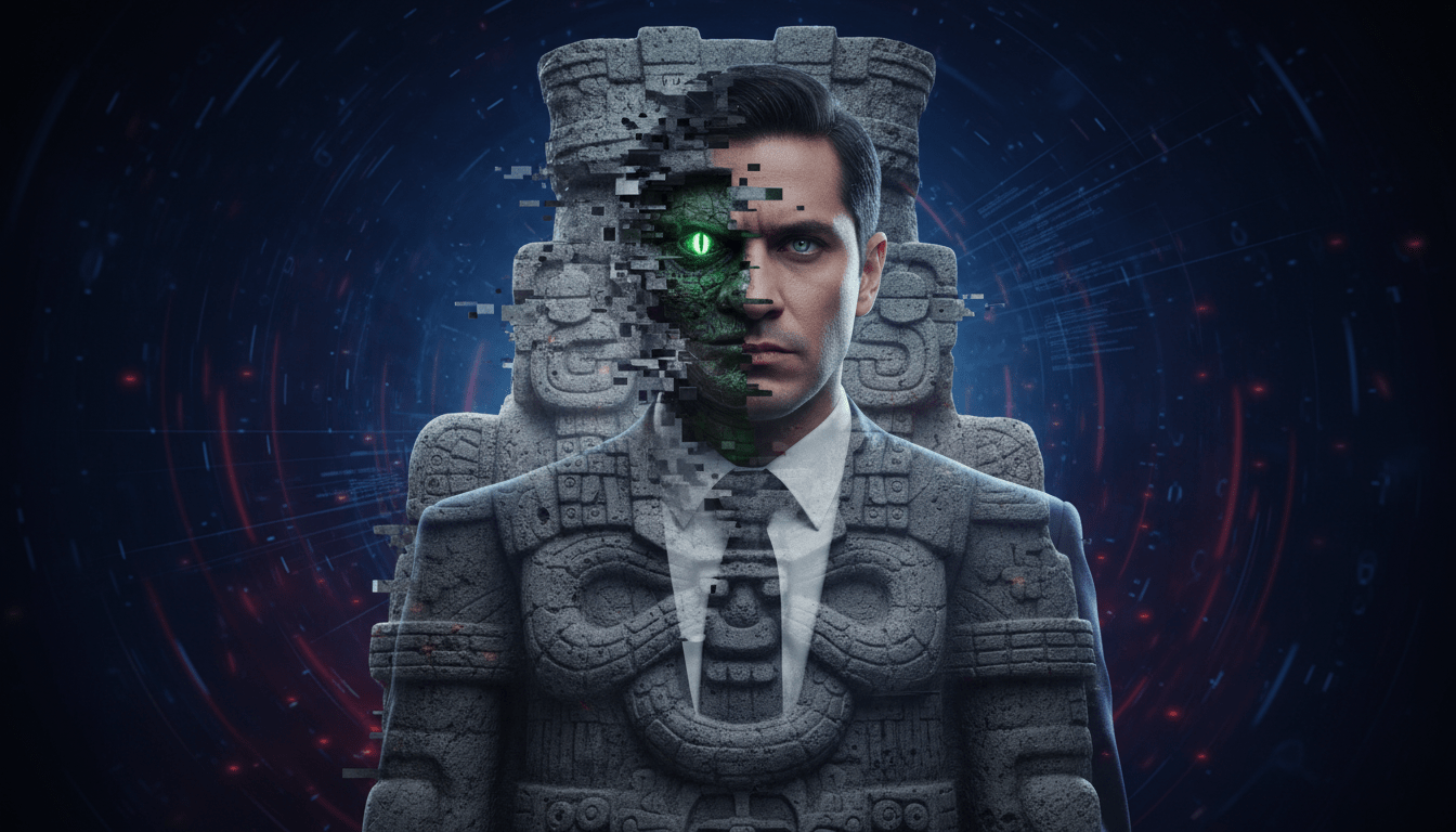 Fusión artística entre la deidad azteca Cihuacóatl y la representación moderna de un reptiliano infiltrado en la sociedad.