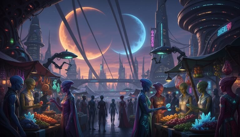 Representación artística de una sociedad extraterrestre compuesta por seres humanoides, sugiriendo que la forma humana es común en el universo.