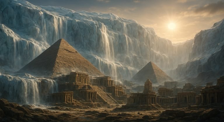 Las ruinas de una ciudad antigua y avanzada emergiendo de debajo de un glaciar que se derrite, simbolizando el descubrimiento de una civilización pre-Edad de Hielo.