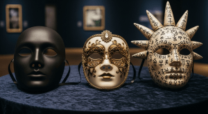Tres máscaras diferentes: una completamente negra y sin rasgos (secreta), una máscara veneciana elegante (discreta) y una máscara ritual con símbolos (iniciación), representando los tres tipos de sociedades.