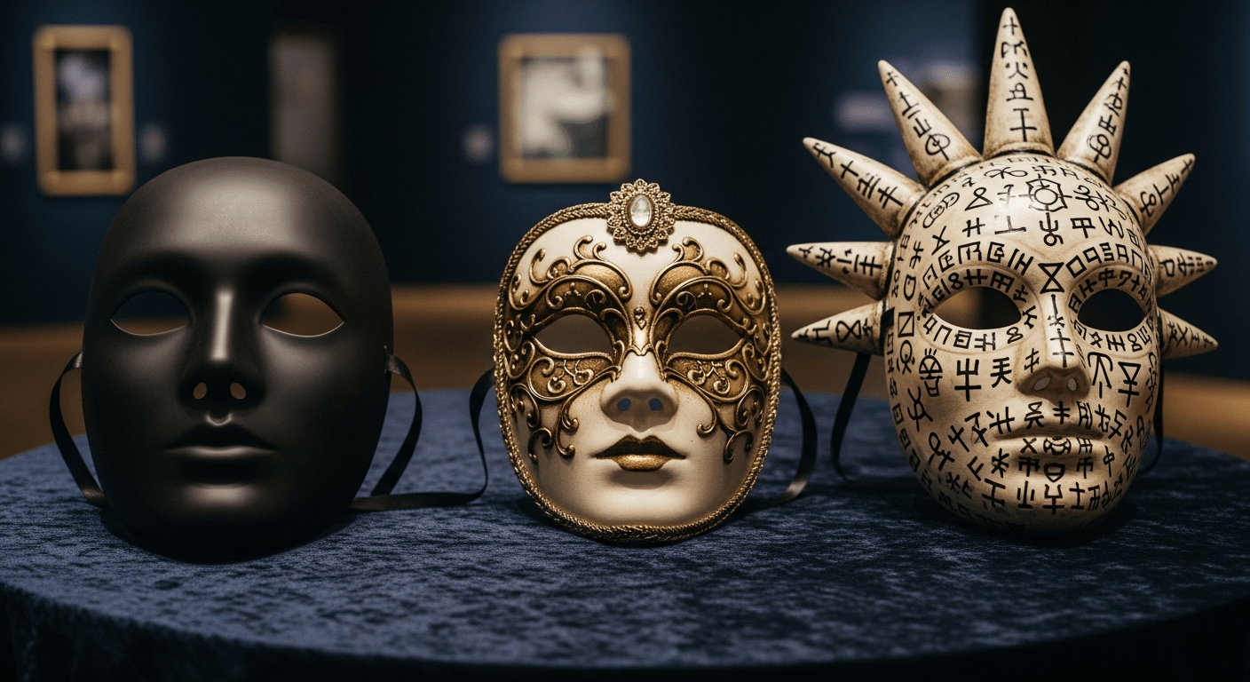Tres máscaras diferentes: una completamente negra y sin rasgos (secreta), una máscara veneciana elegante (discreta) y una máscara ritual con símbolos (iniciación), representando los tres tipos de sociedades.