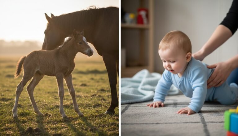 Comparación visual entre un potro recién nacido caminando y un bebé humano indefenso, ilustrando la diferencia en el desarrollo motriz.
