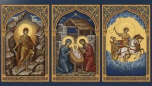 Composición artística que compara el nacimiento de Mitra, Jesús y Sol Invictus, destacando el simbolismo solar compartido en la fecha del 25 de diciembre.