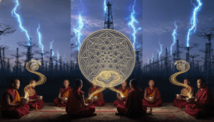 Fusión visual de tres tecnologías de sonido: espiritual, física y militar.