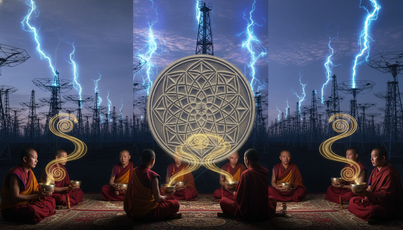 Fusión visual de tres tecnologías de sonido: espiritual, física y militar.