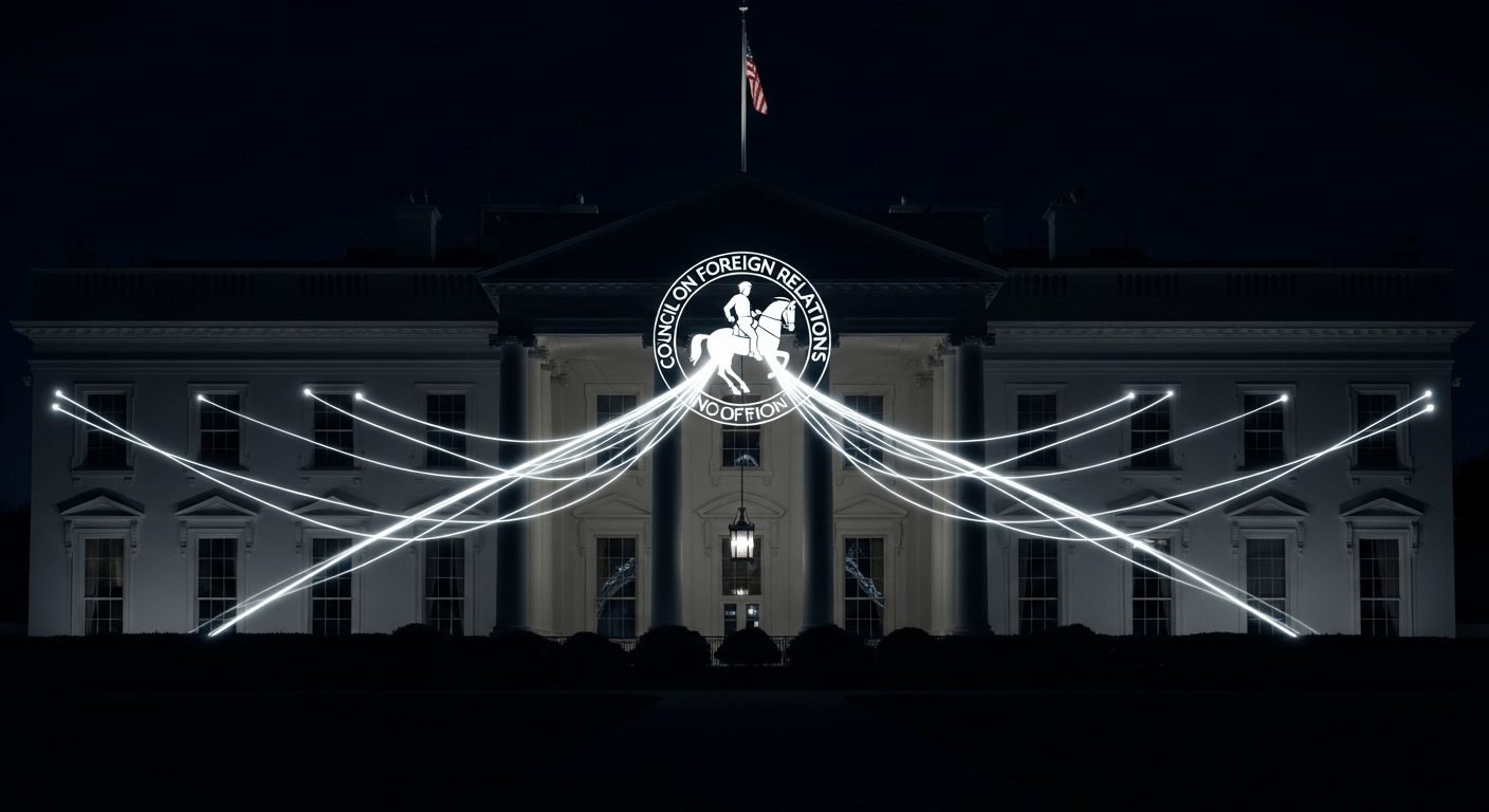 La Casa Blanca con una superposición del logo del Council on Foreign Relations (CFR) y hilos de marioneta que se extienden desde él, simbolizando su control sobre la política estadounidense.