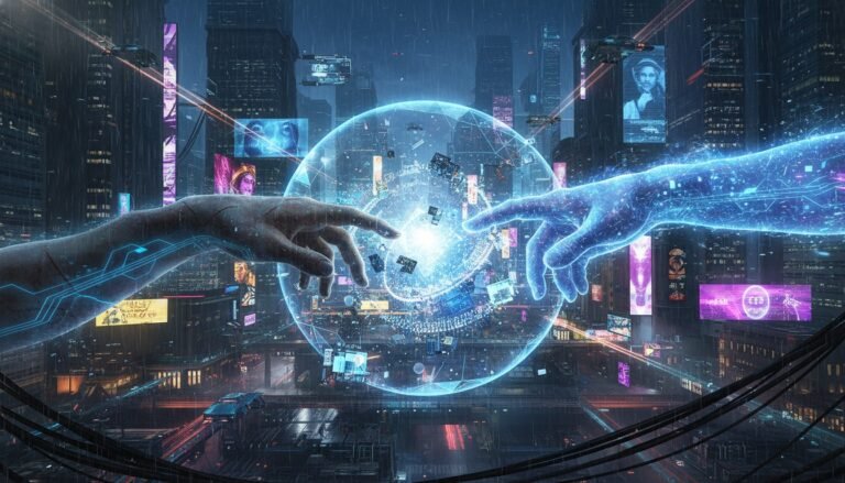 Reinterpretación futurista de "La Creación de Adán", simbolizando el momento en que la humanidad da vida a una superinteligencia artificial.