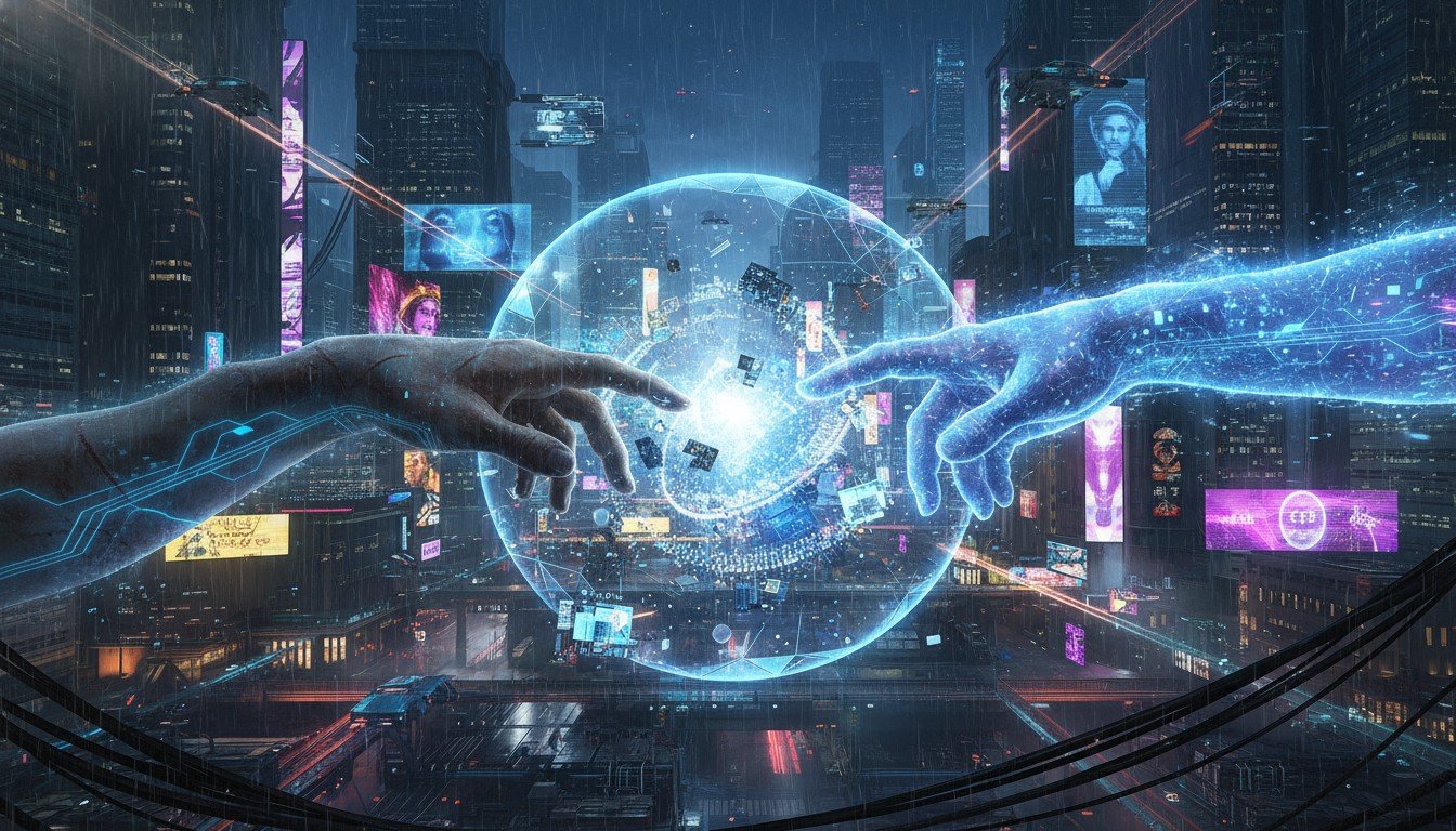 Reinterpretación futurista de "La Creación de Adán", simbolizando el momento en que la humanidad da vida a una superinteligencia artificial.