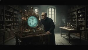 Recreación artística del Padre Pellegrino Ernetti utilizando el Cronovisor para observar eventos históricos pasados.