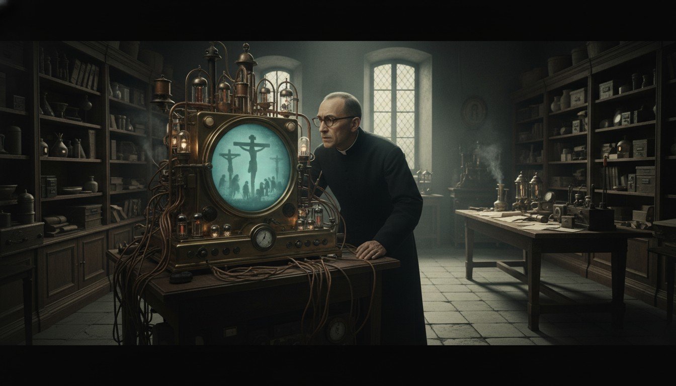 Recreación artística del Padre Pellegrino Ernetti utilizando el Cronovisor para observar eventos históricos pasados.