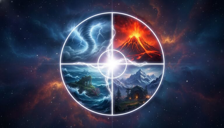 Representación artística de los cuatro elementos clásicos (Fuego, Aire, Agua, Tierra) convergiendo en el centro, simbolizando la unidad de la naturaleza.