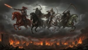 Representación artística dramática de los Cuatro Jinetes del Apocalipsis descritos en el Libro de las Revelaciones, simbolizando las plagas de la humanidad.