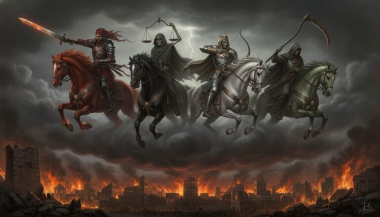 Representación artística dramática de los Cuatro Jinetes del Apocalipsis descritos en el Libro de las Revelaciones, simbolizando las plagas de la humanidad.