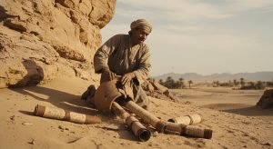 Recreación del momento histórico en 1945 cuando se descubrieron los códices de Nag Hammadi dentro de una jarra en el desierto de Egipto.