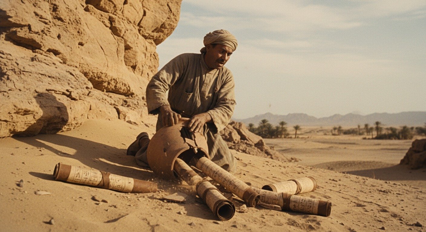 Recreación del momento histórico en 1945 cuando se descubrieron los códices de Nag Hammadi dentro de una jarra en el desierto de Egipto.