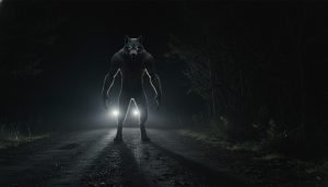 Representación artística de un Dogman (hombre perro) avistado en una carretera rural de noche, mostrando su postura bípeda y características caninas.