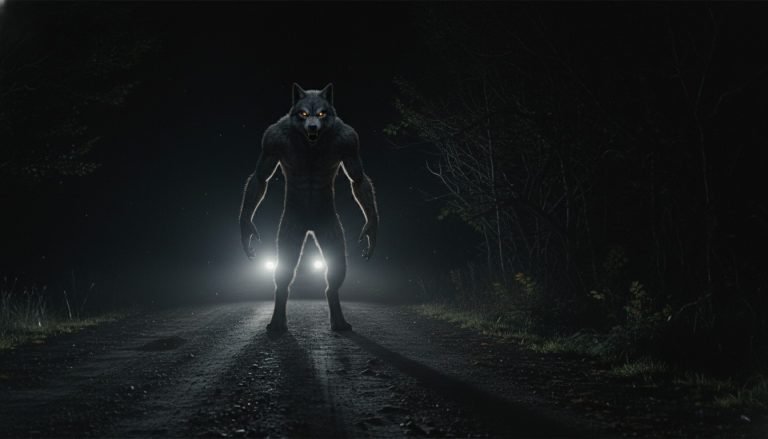 Representación artística de un Dogman (hombre perro) avistado en una carretera rural de noche, mostrando su postura bípeda y características caninas.