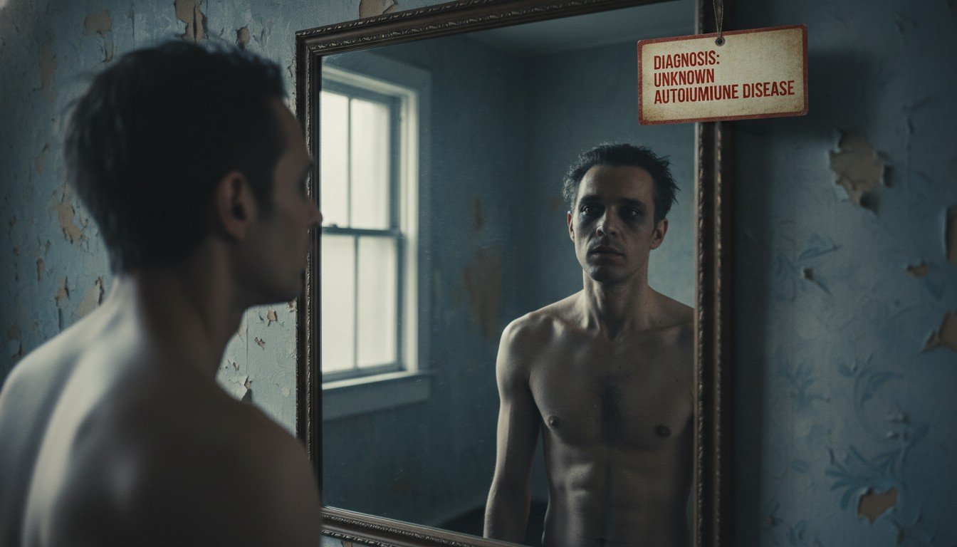 Ilustración conceptual de una persona sana viéndose enferma en el espejo tras recibir un diagnóstico, simbolizando el poder de la sugestión negativa.