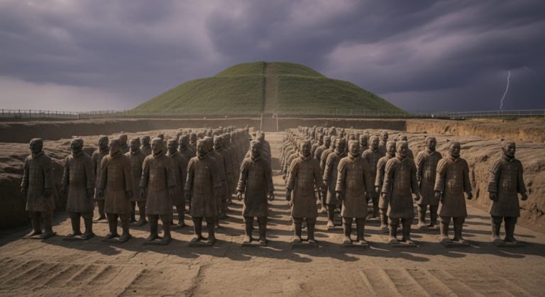 El vasto ejército de guerreros de terracota en sus fosas, con la ominosa silueta del túmulo funerario del emperador Qin Shi Huang en el fondo.