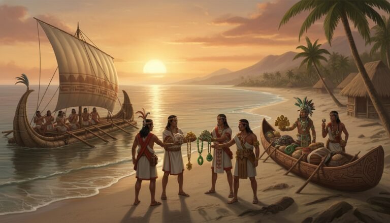 Representación artística de un posible encuentro comercial marítimo entre mercaderes mesoamericanos y andinos en la costa del Pacífico.