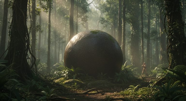 Una esfera de piedra gigante y perfecta descubierta en medio de la densa vegetación de la selva de Costa Rica, mostrando su superficie lisa y enigmática.