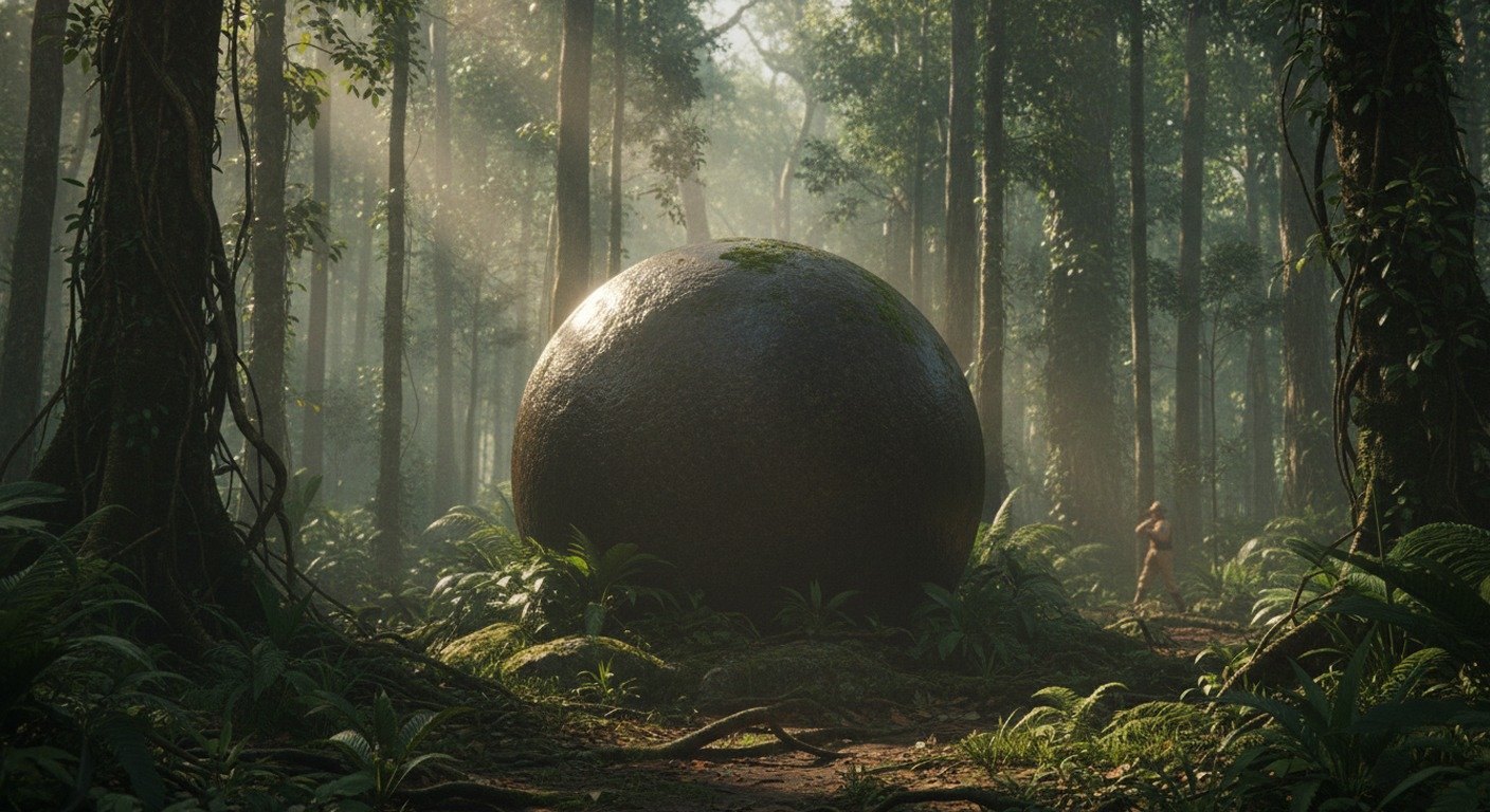 Una esfera de piedra gigante y perfecta descubierta en medio de la densa vegetación de la selva de Costa Rica, mostrando su superficie lisa y enigmática.