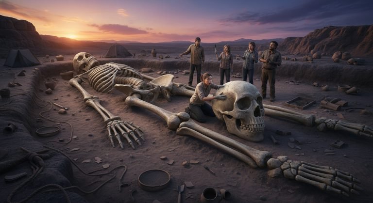 Arqueólogos en una excavación descubriendo un esqueleto humano de tamaño gigantesco, mucho más grande que los esqueletos normales, simbolizando la evidencia suprimida.