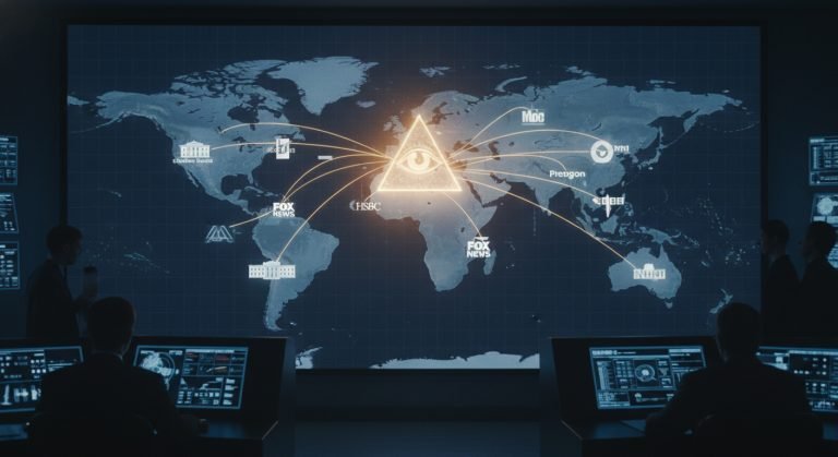 El símbolo del Ojo que Todo lo Ve en la pirámide, actuando como el centro de una telaraña de poder que se extiende sobre un mapa del mundo, conectando gobiernos, bancos y corporaciones.