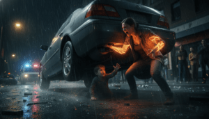 Representación artística del fenómeno de fuerza histérica: una persona común realizando una haza de fuerza imposible bajo estrés.