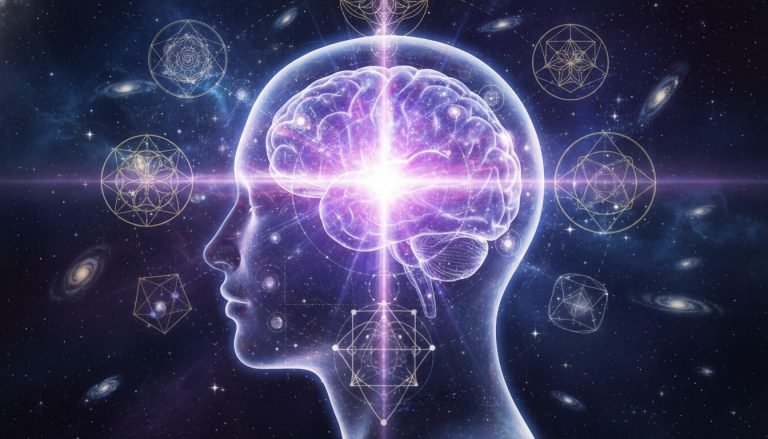 Ilustración artística de la glándula pineal activada en el centro del cerebro humano, emitiendo luz espiritual y conectando con el cosmos.