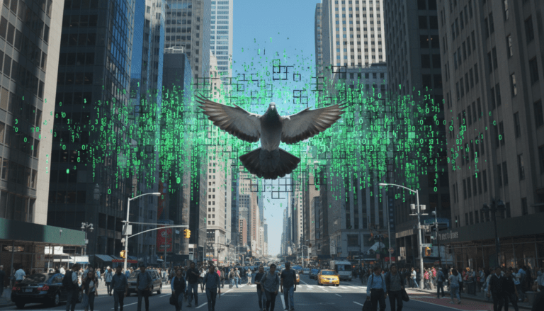 Representación visual de un error de renderizado en la realidad, con un pájaro congelado y el cielo pixelado.