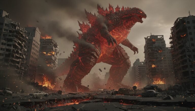 Representación artística de Godzilla colapsando físicamente debido a las leyes de la física, ilustrando la imposibilidad del gigantismo extremo.