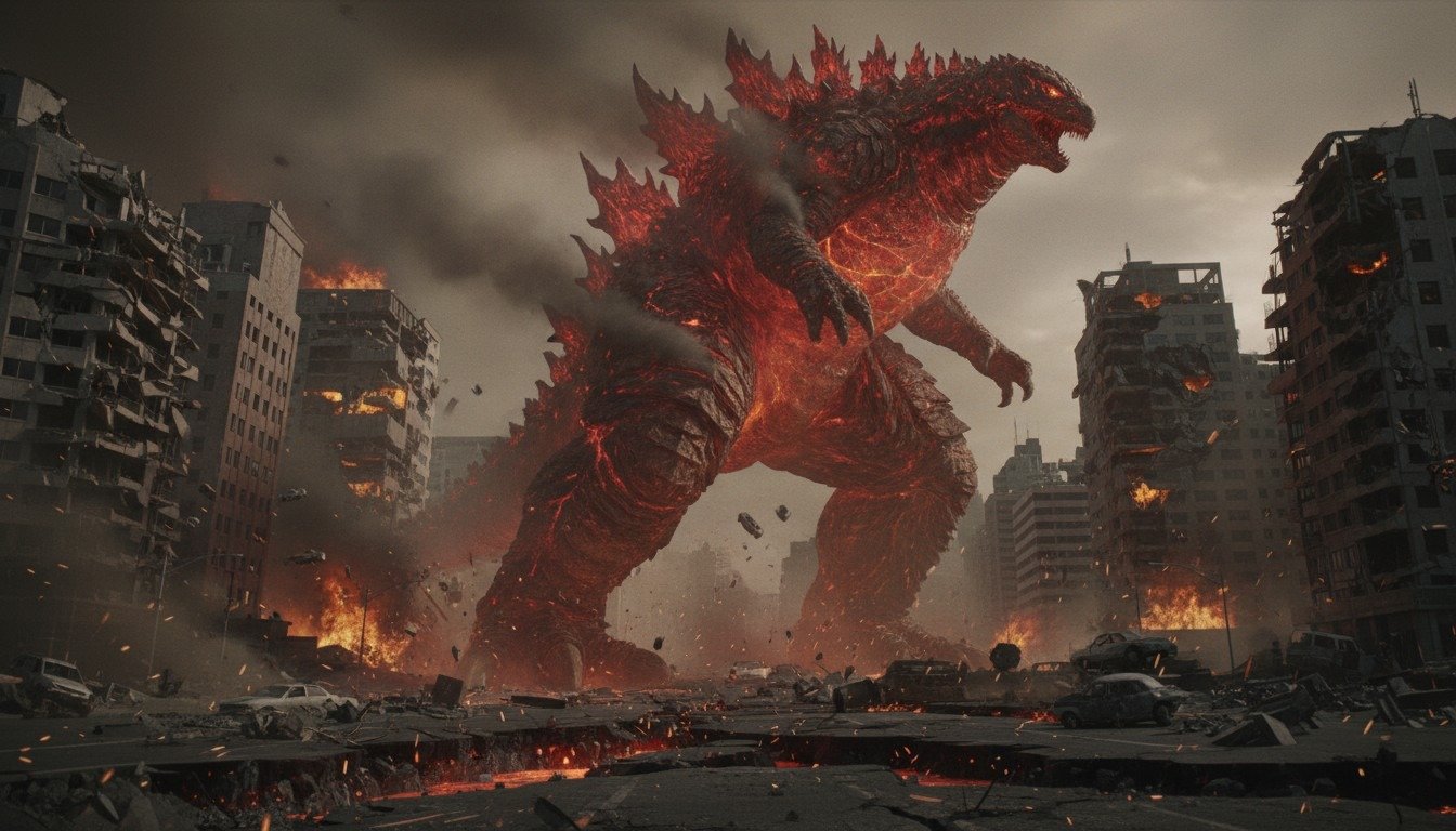 Representación artística de Godzilla colapsando físicamente debido a las leyes de la física, ilustrando la imposibilidad del gigantismo extremo.