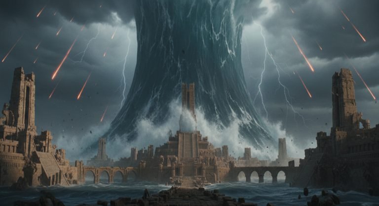 Representación artística de un tsunami masivo destruyendo una civilización antigua, ilustrando el concepto del Diluvio Universal global.