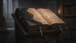 Representación artística de un grimorio medieval abierto, mostrando los sellos y conjuros utilizados para invocar entidades.