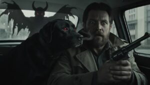 Ilustración dramática de la alucinación de David Berkowitz, mostrando al perro de su vecino transformado en una entidad demoníaca que le ordena matar.