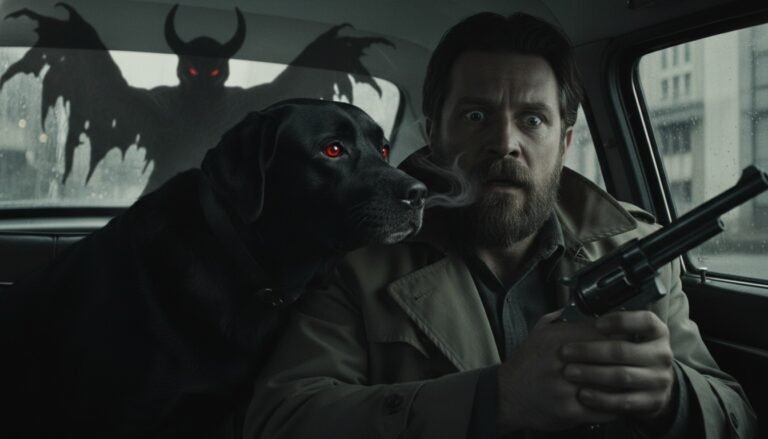 Ilustración dramática de la alucinación de David Berkowitz, mostrando al perro de su vecino transformado en una entidad demoníaca que le ordena matar.