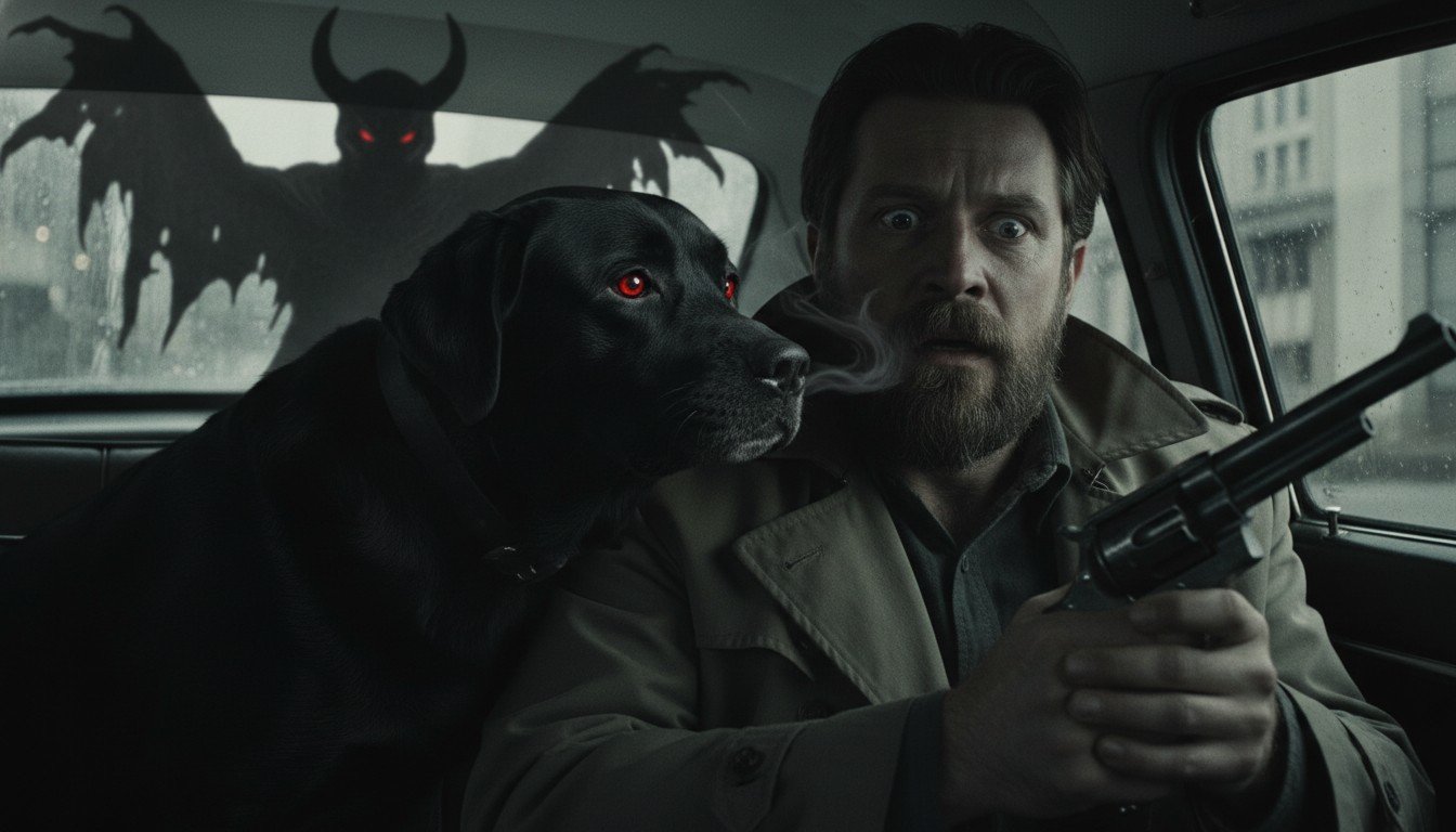 Ilustración dramática de la alucinación de David Berkowitz, mostrando al perro de su vecino transformado en una entidad demoníaca que le ordena matar.