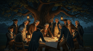 Miembros de los Hijos de la Libertad reunidos en secreto bajo el "Árbol de la Libertad", planeando la rebelión a la luz de las linternas.