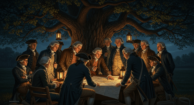 Miembros de los Hijos de la Libertad reunidos en secreto bajo el "Árbol de la Libertad", planeando la rebelión a la luz de las linternas.