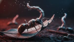 Fotografía macro de una hormiga infectada por el hongo Ophiocordyceps unilateralis, mostrando el cuerpo fructífero emergiendo de su cabeza.