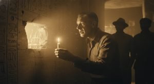 Recreación del momento en que Howard Carter mira por primera vez dentro de la tumba de Tutankamón, iluminado por una vela.