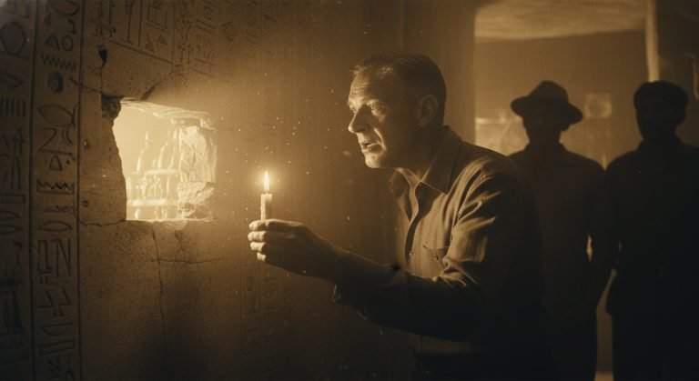 Recreación del momento en que Howard Carter mira por primera vez dentro de la tumba de Tutankamón, iluminado por una vela.