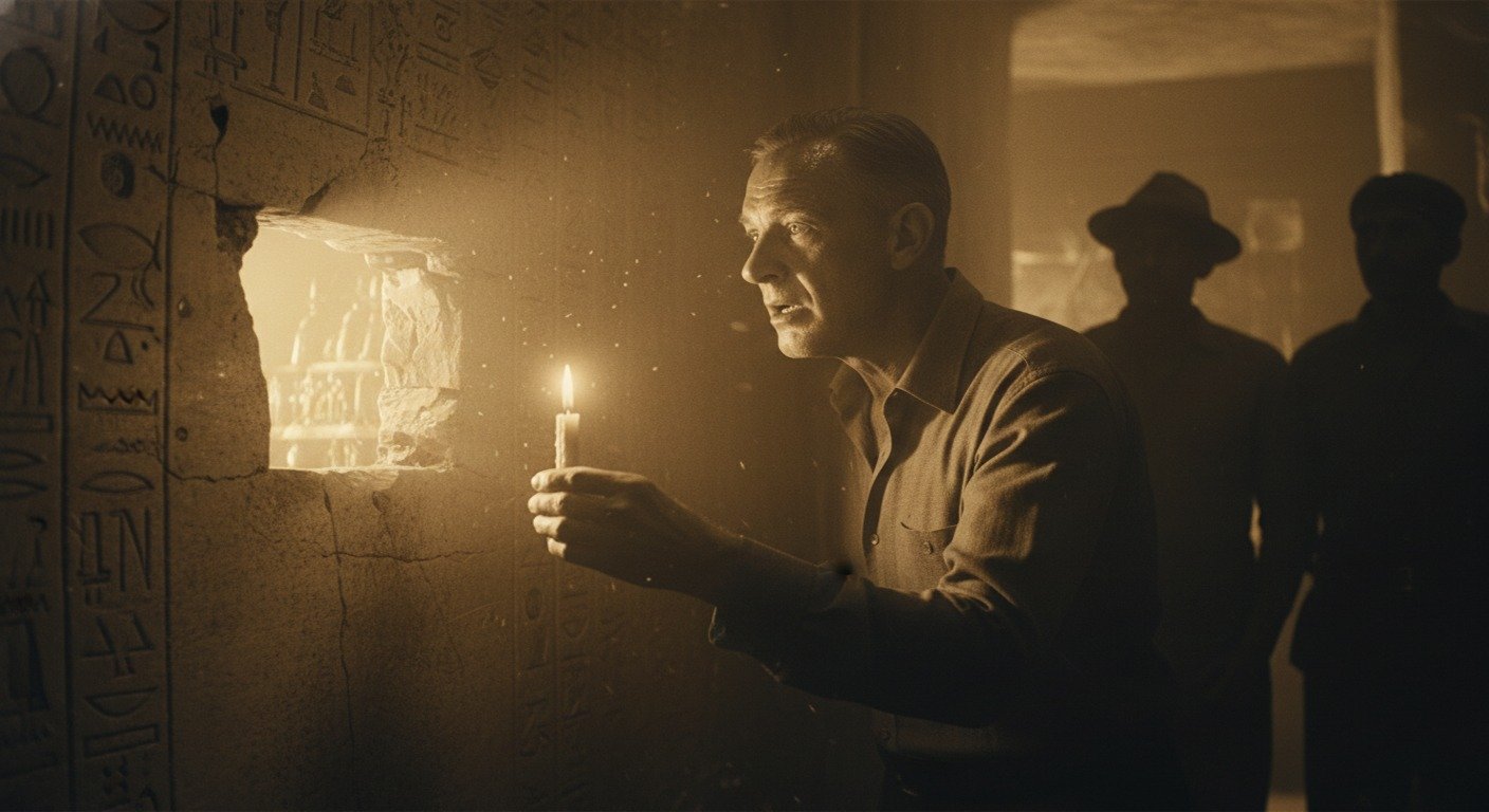 Recreación del momento en que Howard Carter mira por primera vez dentro de la tumba de Tutankamón, iluminado por una vela.