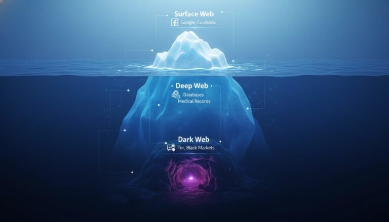Infografía clásica del iceberg de internet, ilustrando la proporción y profundidad de la Surface Web, Deep Web y Dark Web.