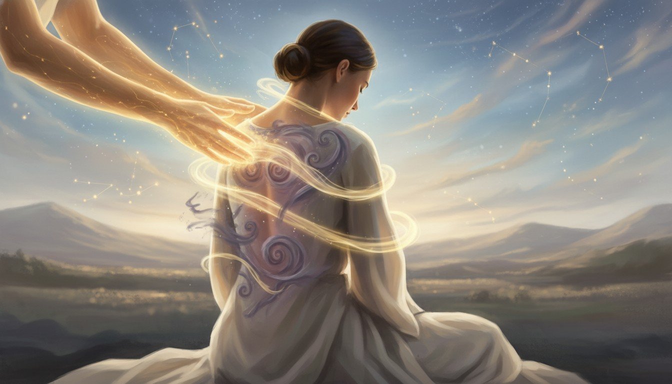 Representación artística de la transferencia de energía curativa a través de la imposición de manos, visualizando el flujo de luz y calor.