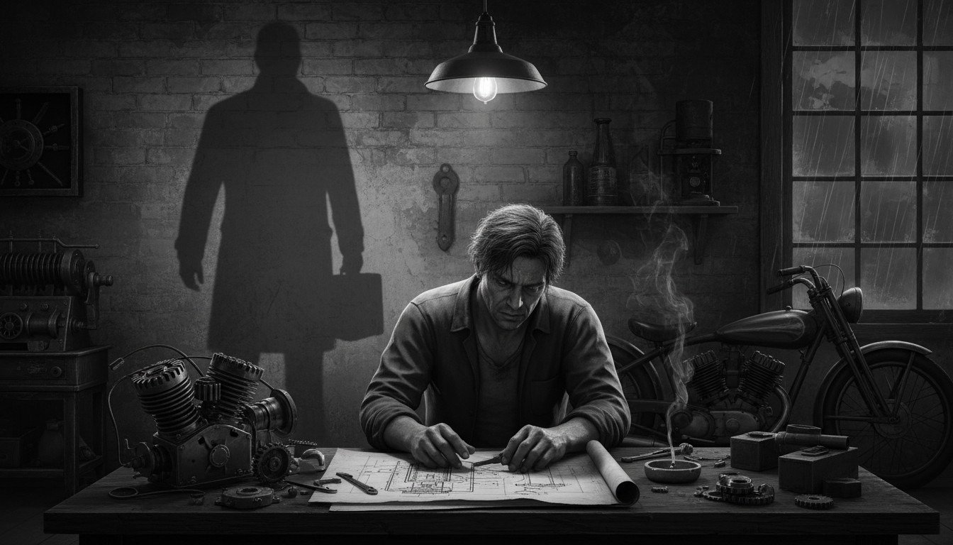 Ilustración conceptual de un inventor siendo vigilado por agentes corporativos, simbolizando el peligro de desafiar el status quo tecnológico.