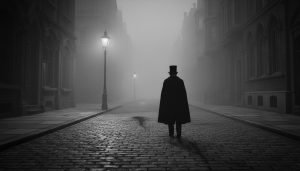 Representación artística de la silueta de Jack el Destripador desapareciendo en la niebla de Londres tras cometer un crimen.